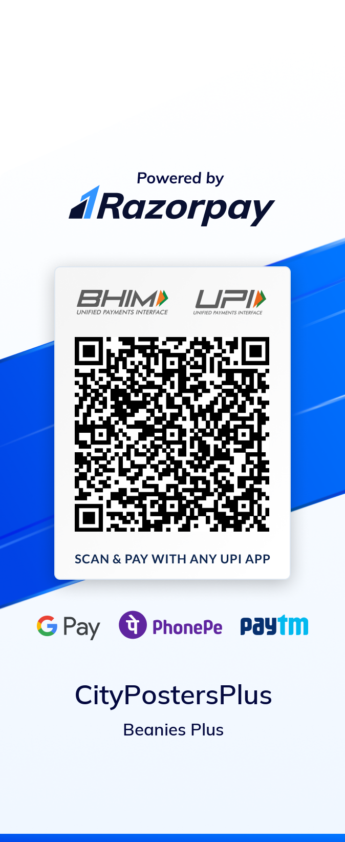Beanies Plus Razorpay UPI QR code